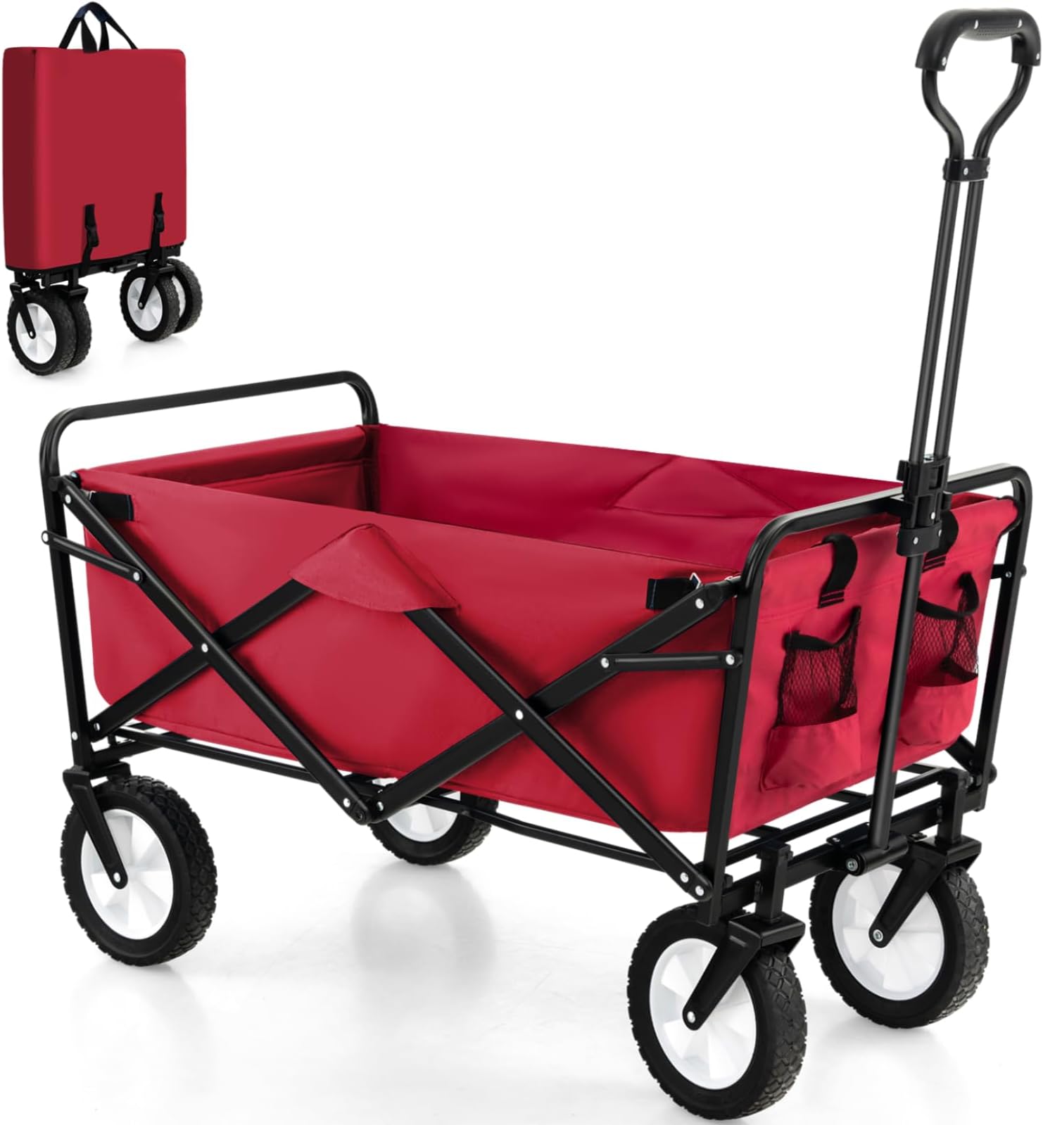 Foldable Garden Cart with Adjustable Handle Bottle Holder Wheels Cover Bag Towing Cart for Camping Beach Festival – Red Outdoor Utility n