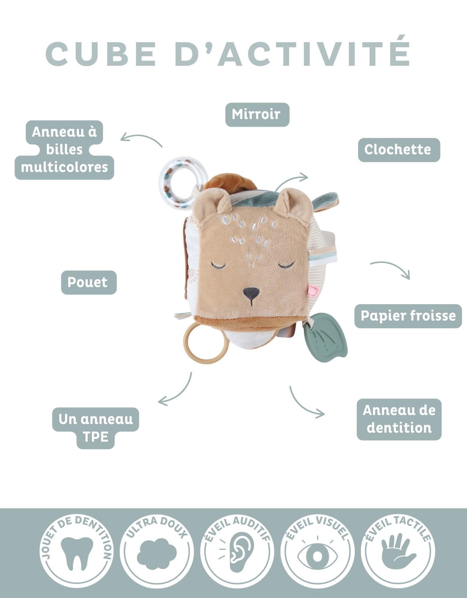 NOUKIE'S - Cube d'activités pour bébé - Jouet d'éveil - Caramel - Babou & Kendi - Cadeau naissance
