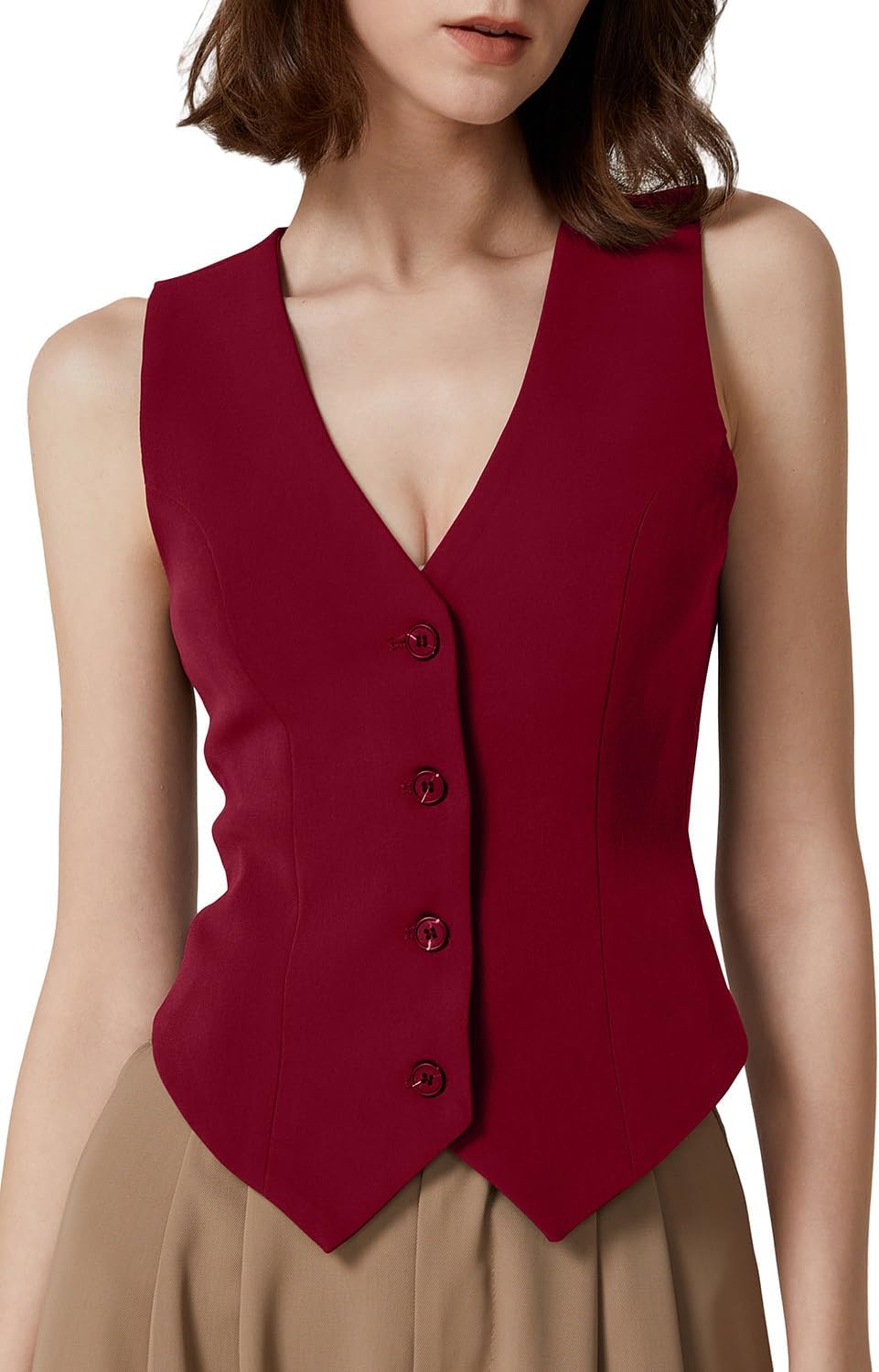 QINSEN Womens V Neck Vest Top Sleeveless Button Down Fully Lined Solid Going Out Crop Tops