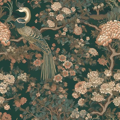 FunStick Papel Pintado Flores y Pajaros Vinilo Adhesivo para Baño Pared Papel Pintado Autoadhesivo Vintage Verde Árboles de Pavo Real y Peonía Vinilo Adhesivo Muebles Verde Oscuro y Rosa 44.5CM×3M