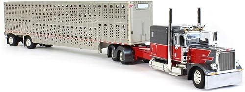 Miniatura 2 de First Gear 164 Peterbilt 389 gris y rojo con eje extendido Wilson para ganado, DCP