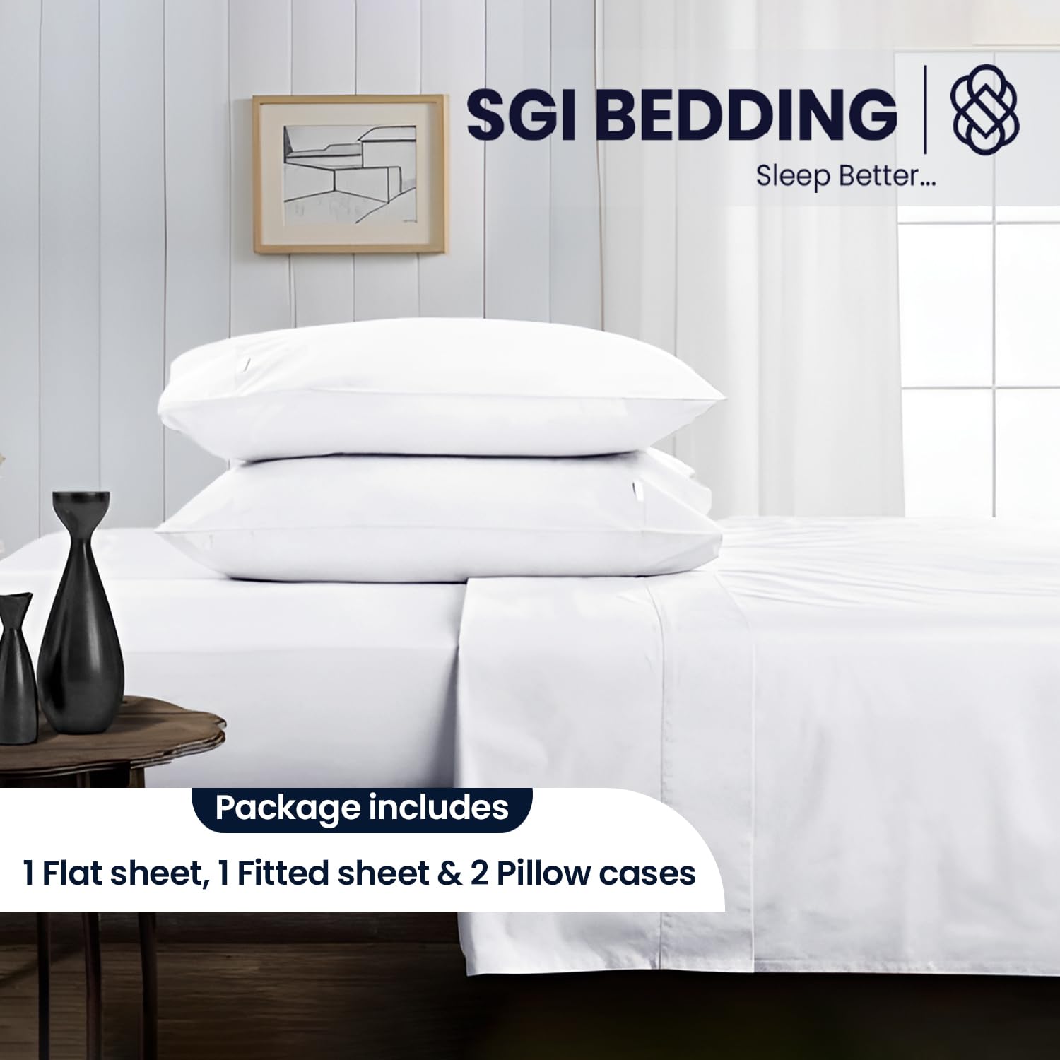 SGI bedding 600 Thread Count 100% Egyptian Cotton Twin Sheet Set White – Luxury 4-Piece Super Soft Bed Sheets, Breathable Hotel-Quality Bedding, 15” Deep Fitted, Cooling, Durable & Non-Pilling