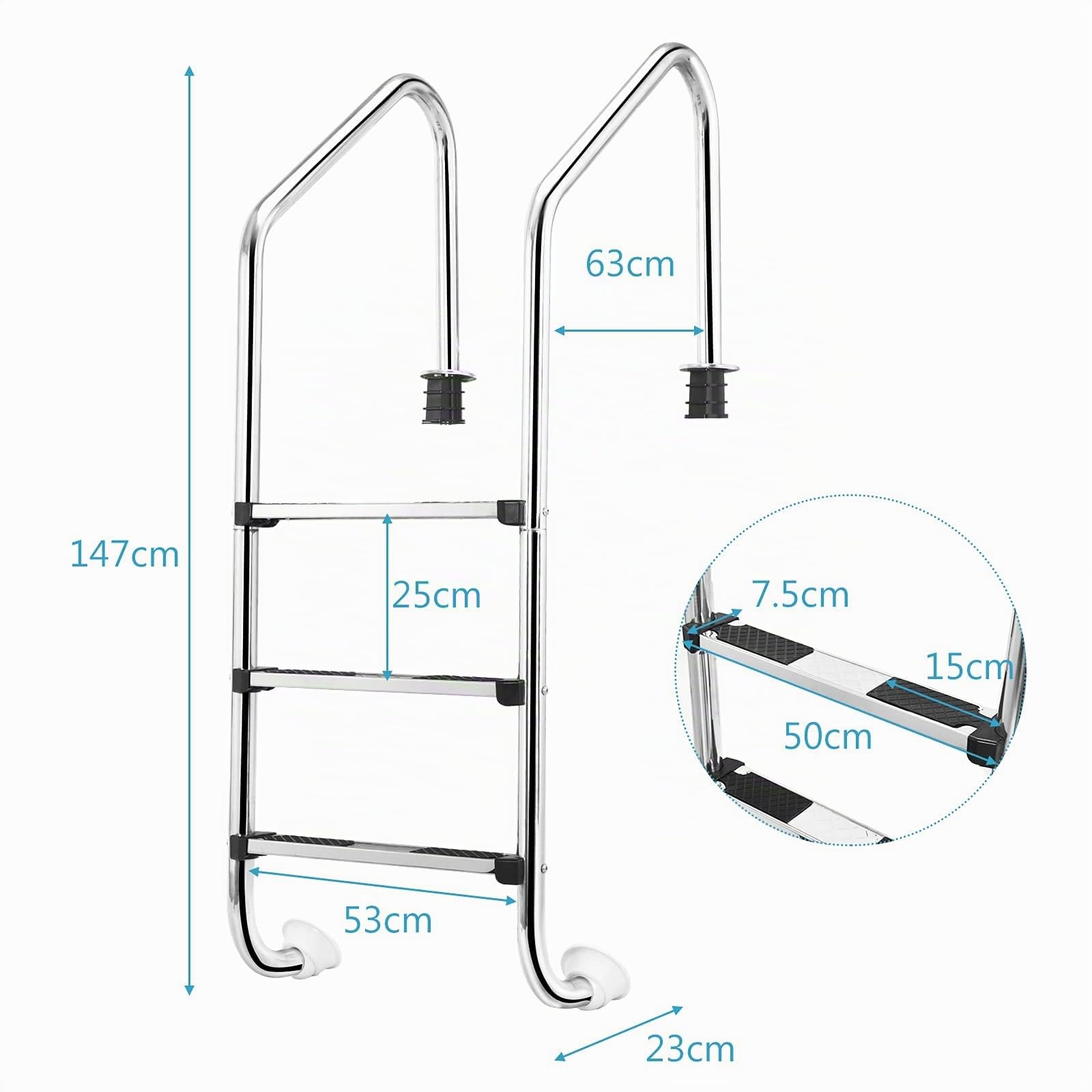 FANTASK Échelle de Piscine à 3 marches en Acier Inoxydable - Charge maximale : 150 kg - Échelle d'entrée argentée - 53 x 63 x 147 cm