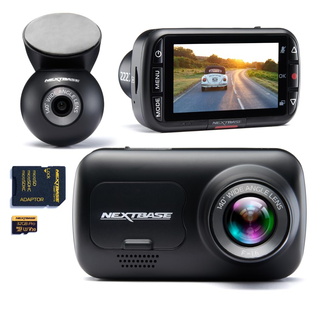 Nextbase Caméra embarquée 222XR avant et arrière avec caméra de pare-brise arrière et carte SD 32 Go | Full HD 1080p 30 fps avec mode stationnement 24/7 et support Click&Go
