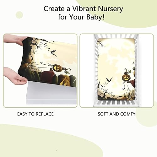 Miniatura 6 de Sábana bajera ajustable para cuna de Halloween, patrón de espantapájaros de calabaza, sábana bajera estándar para cuna, suave y elástica, sábana