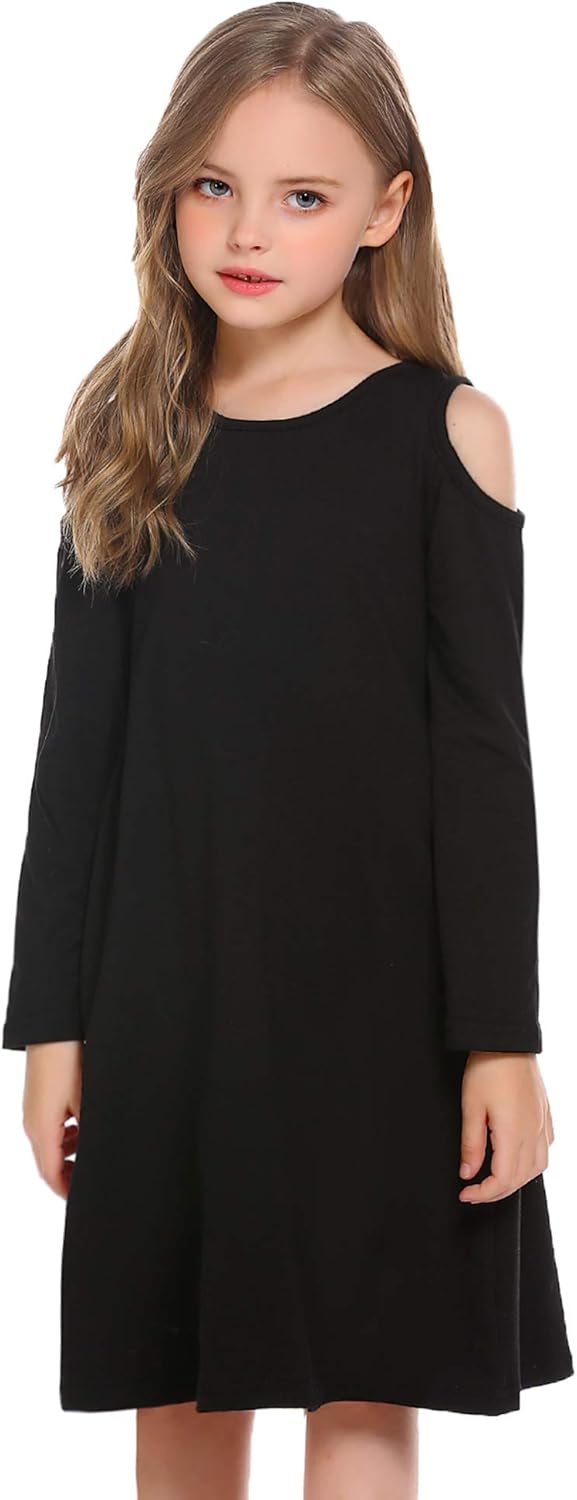 Arshiner Girls Summer Dress Short Sleeve Cold Shoulder Solid Color Swing Casual Dresses with Pockets: Clothing