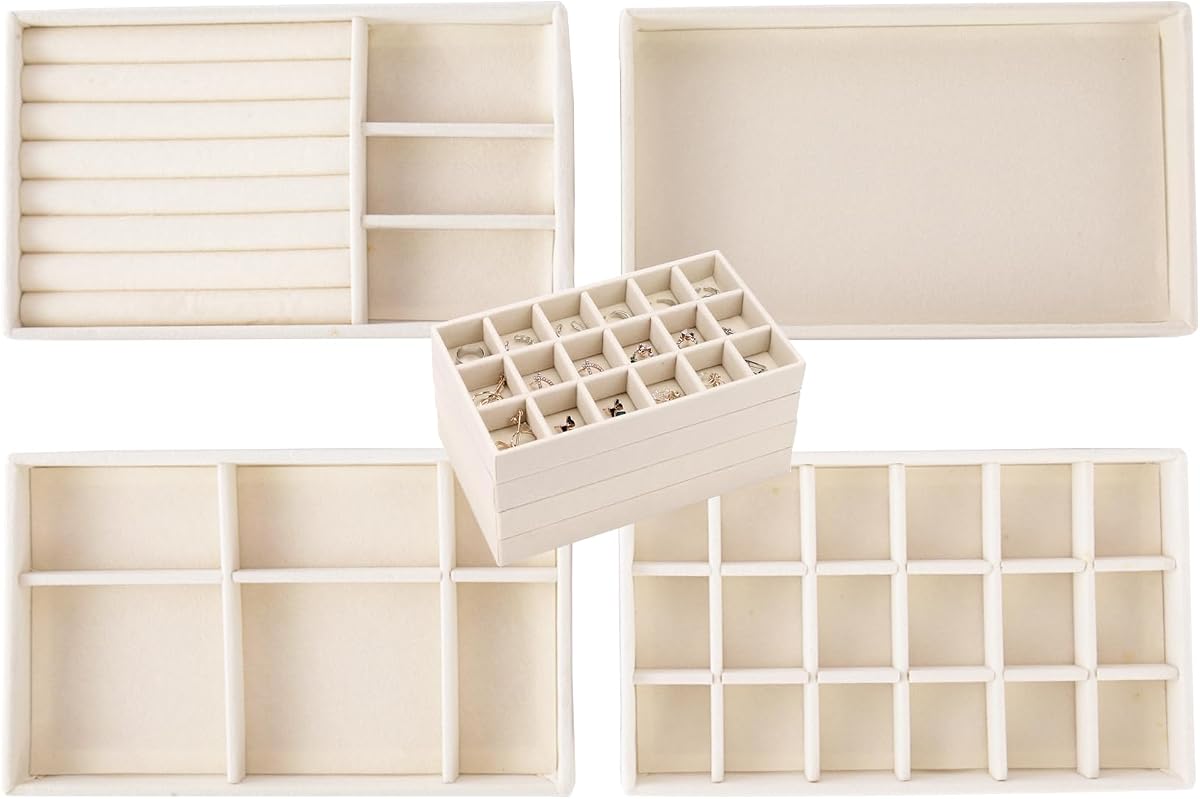 Stackable Jewelry Organizer Trays for Drawer, Set of 4 Velvet Jewelry Drawer Inserts in Dresser, 8in Storage Display Case for Rings Stud Necklaces Accessories(Beige)