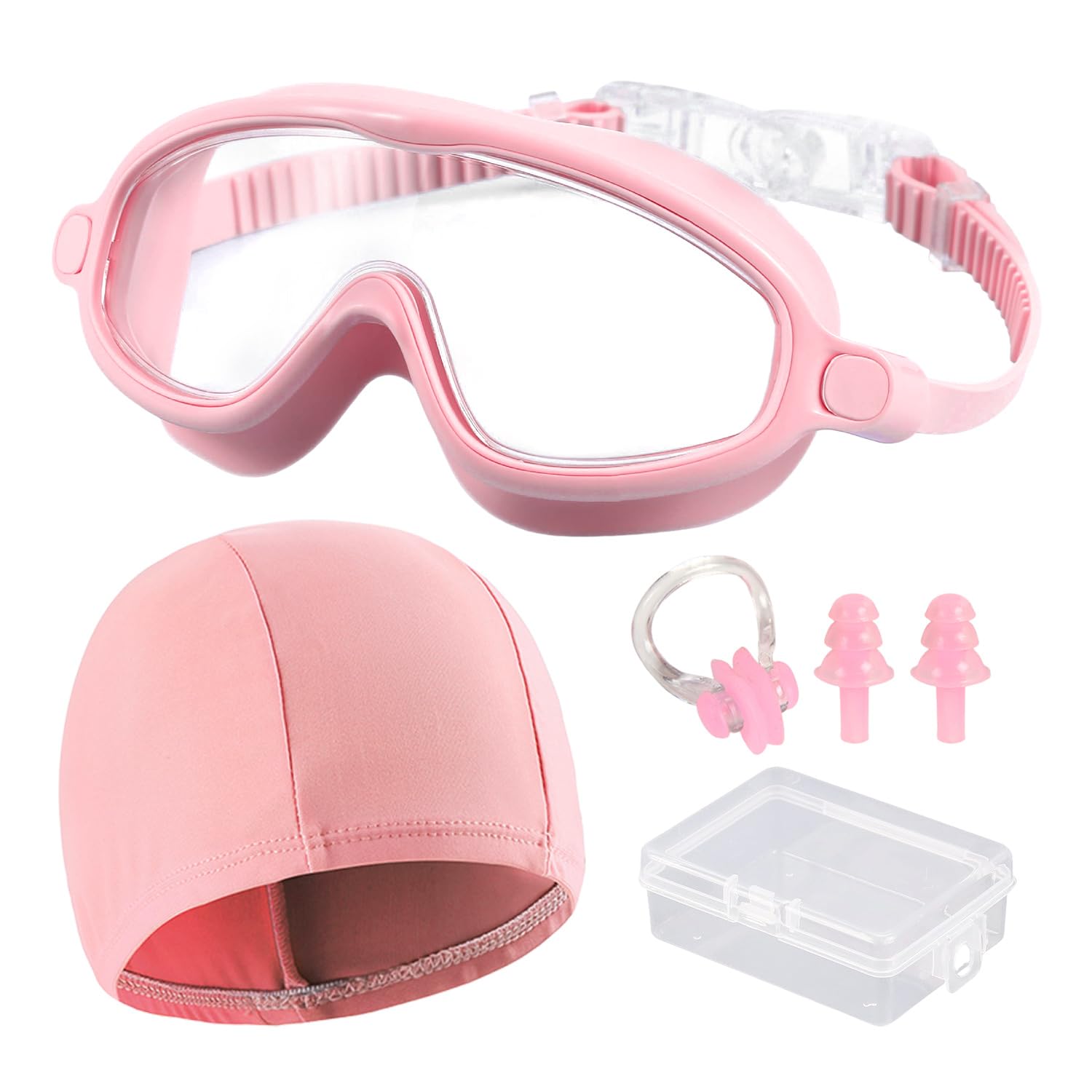 PLLDVEFD 1 Piece Children's Swimming Goggles, 1 Set Silicone Nose Clip Earplugs & 1 Piece Children's Swimming Cap, Pink, Anti-Fog UV Protection, Snug Fit, Swimming Accessories