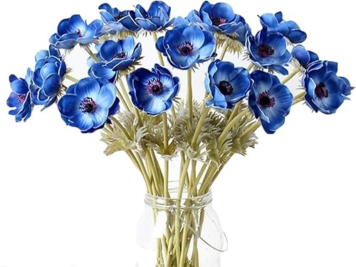Ramo de flores de anémona artificial de tacto real, 5 uds, decoración para el hogar (azul)