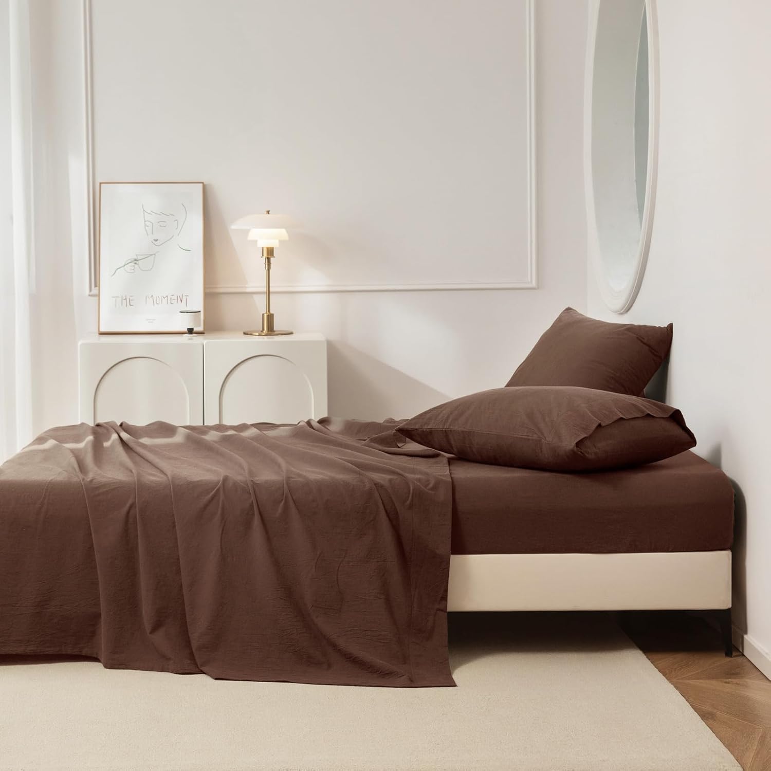 JIYUAN 100% Washed Cotton Sheet Set 4 Pieces Full,1 Fitted Sheet,1 Flat Sheet and 2 Pillowcases,Comfy and Breathable Linen Like Bedding Set,Chocolate Brown - Image 5