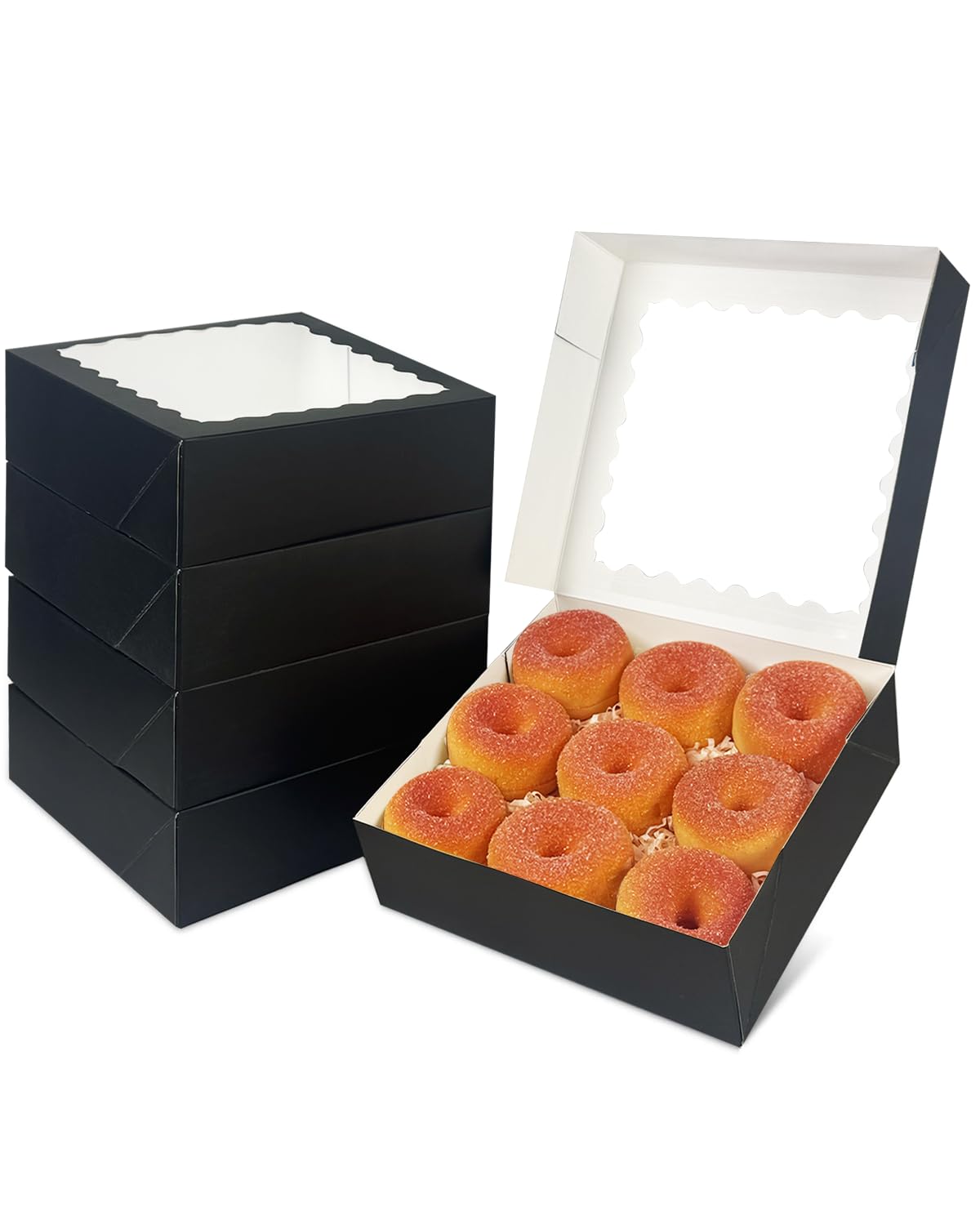 qiqee Caja de pastelería negra de 8 x 8 x 2.5 pulgadas con ventana, 12 cajas de panadería (desplegable automático)