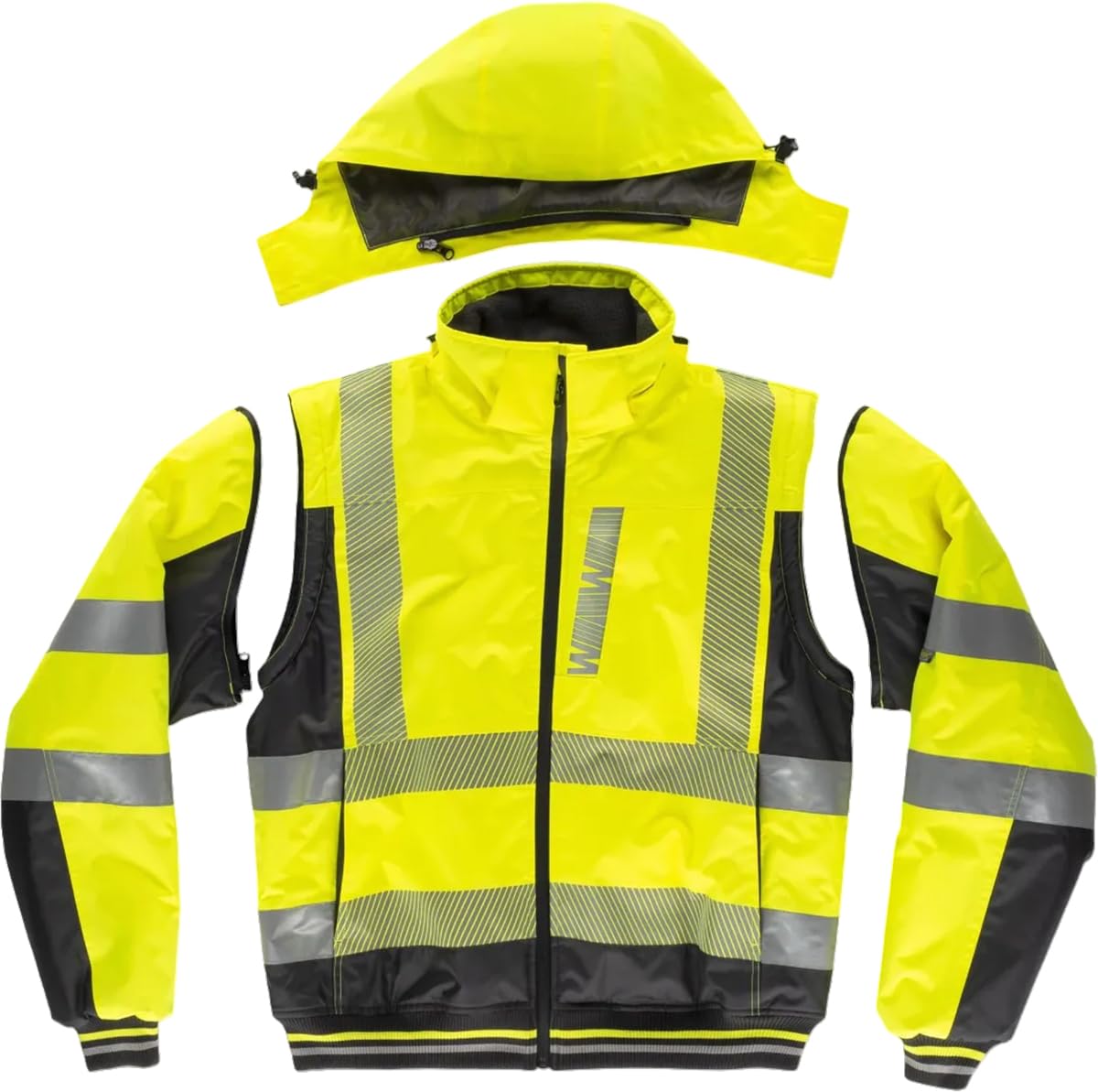 WORKTEAM Cazadora Piloto Alta Visibilidad Impermeable Acolchada con Mangas Desmontables, Capucha, Cintas Reflectantes Segmentadas, para Frío Intenso (580 gr/m2), Hombre