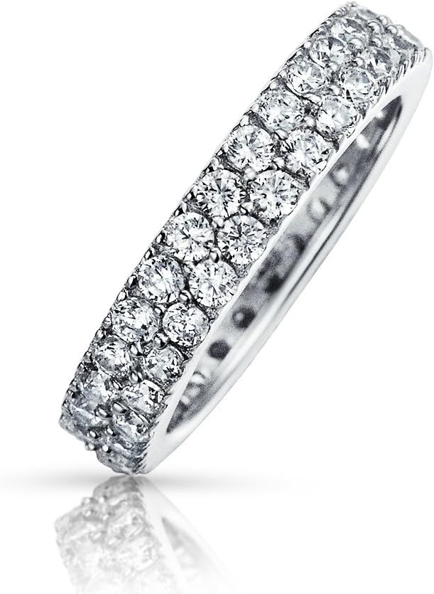Bling JewelryClassic Traditional Bridal Two Row Pave Cubic Zirconia CZ Anniversary Eternity Wedding Band Ring For Women .925 Sterling Silver Rhodium 5MM Wide