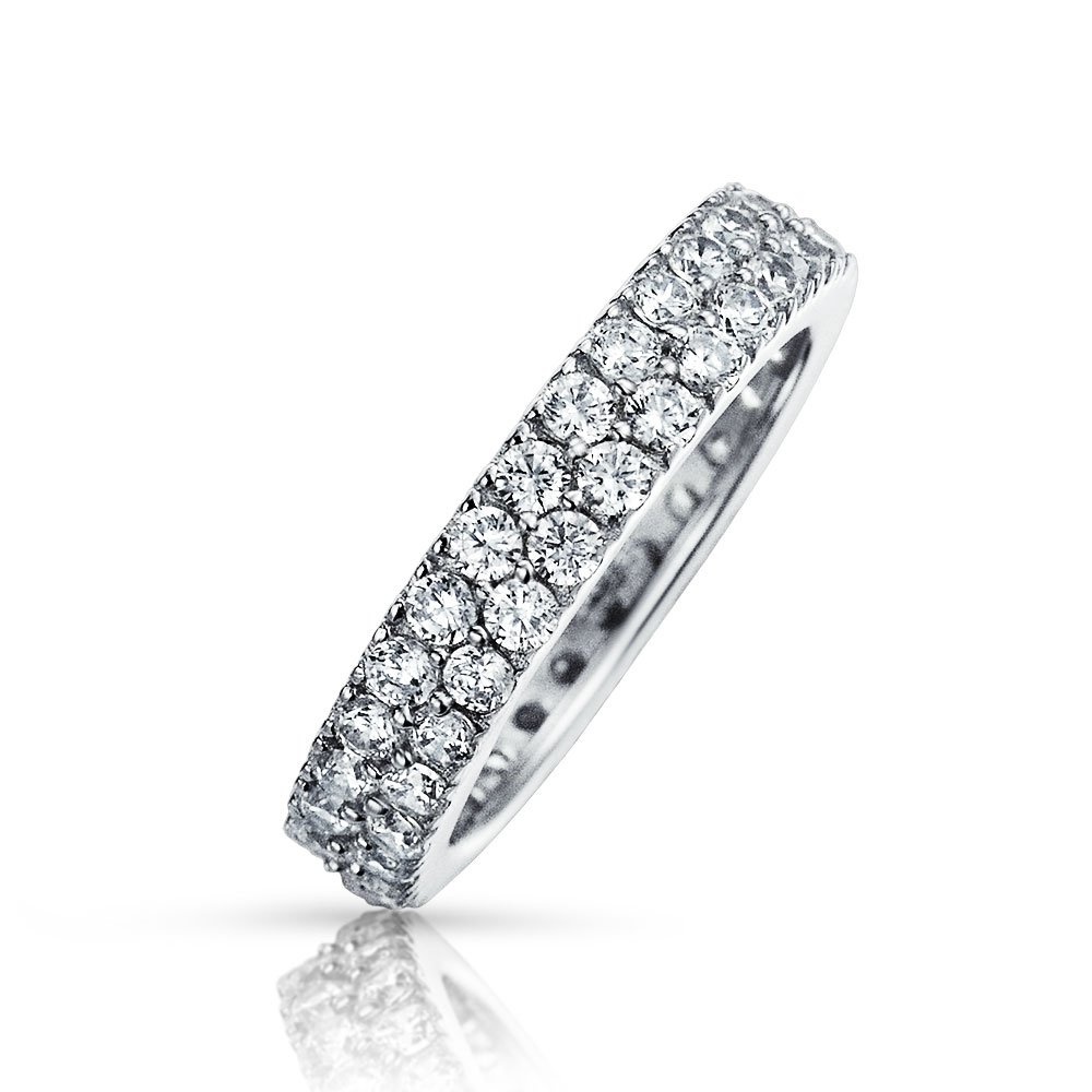 Bling JewelryClassic Traditional Bridal Two Row Pave Cubic Zirconia CZ Anniversary Eternity Wedding Band Ring For Women .925 Sterling Silver Rhodium 5MM Wide