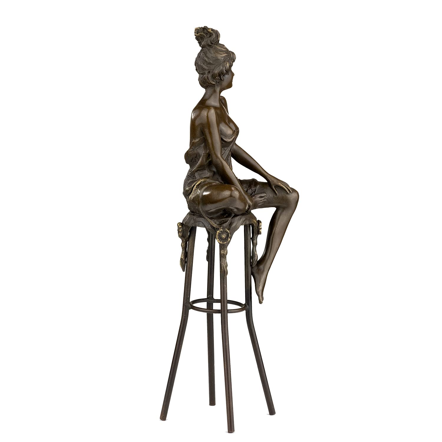 Moritz Bronze Frau auf Barhocker Knie angezogen 25,5 cm Akt Skulptur Deko | Massive Handarbeit, sitzende Dame mit Hochsteckfrisur und angewinkeltem Bein, Frauenfigur, Wohndeko und Geschenk