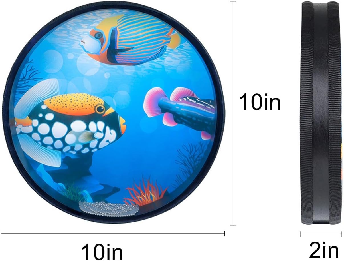Ocean Drum Hand Percussion Wood Musical Instrument,Wave Bead Sea Sound Drum with Fish Pattern Colorful (10in)