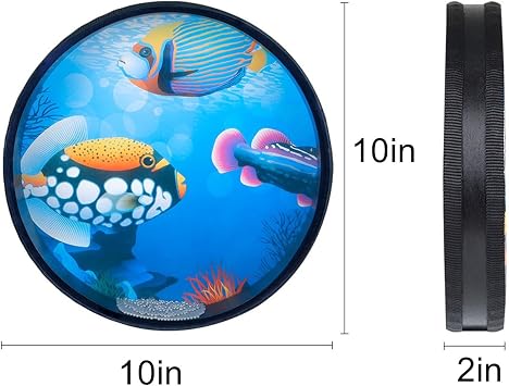 Ocean Drum Hand Percussion Wood Musical Instrument,Wave Bead Sea Sound Drum with Fish Pattern Colorful (10in)