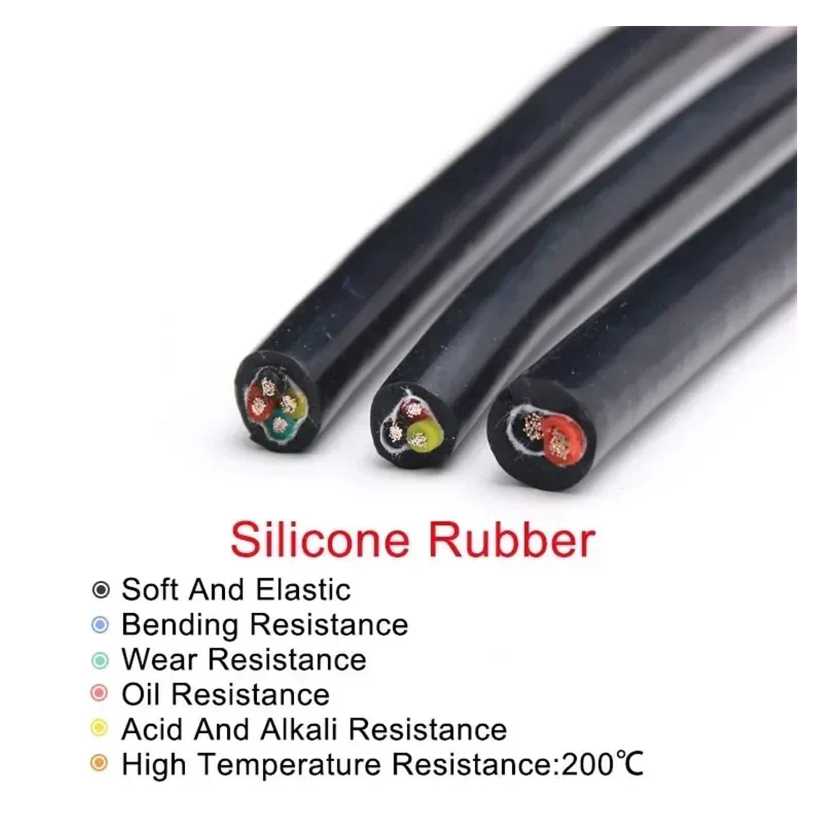 1-10 m schwarzes, flexibles Silikonkabel, quadratisch, 0,3/0,5/0,75/1/1,5/2/2,5/4/6 mm x 2/3/4/6 Adern, verzinntes Kupfer, Hochtemperaturkabel(0.5mm,2 meters,3 cores)