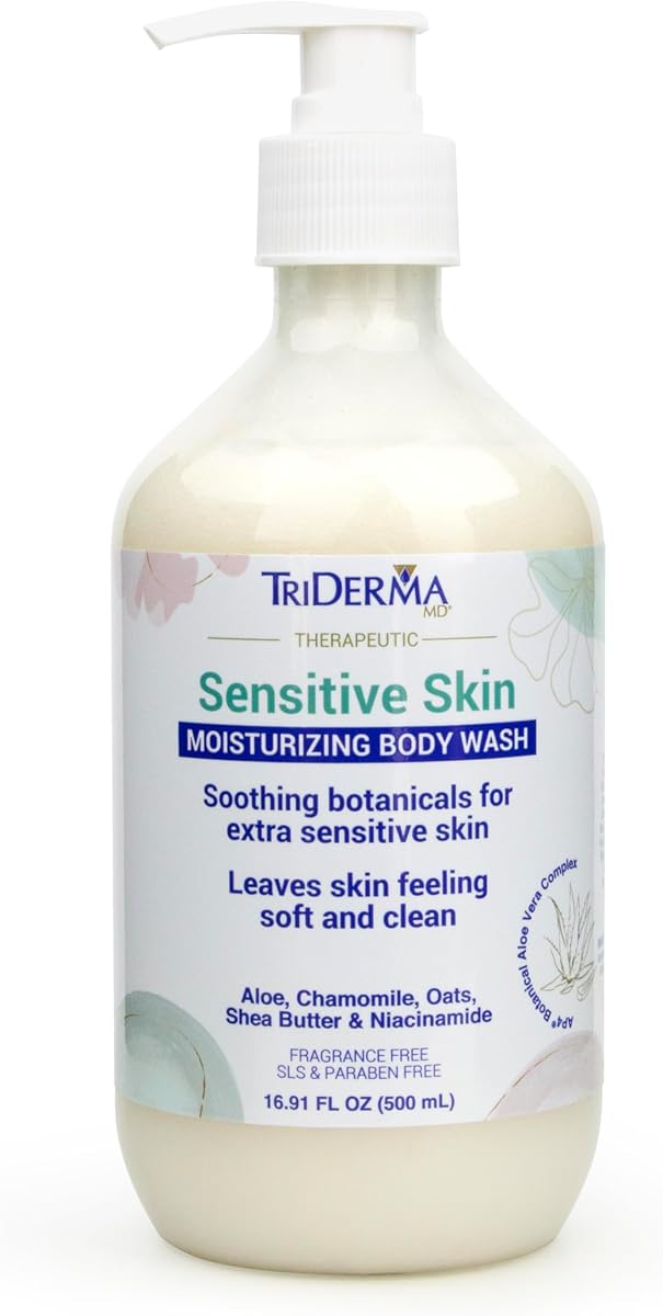 TriDerma Moisturizing Sensitive Skin Body Wash, Premium Botanicals, Aloe Vera, Chamomile, Oat, Shea Butter, Niacinamide, Creamy Body Cleanser, Paraben Free, 16.9 fl oz