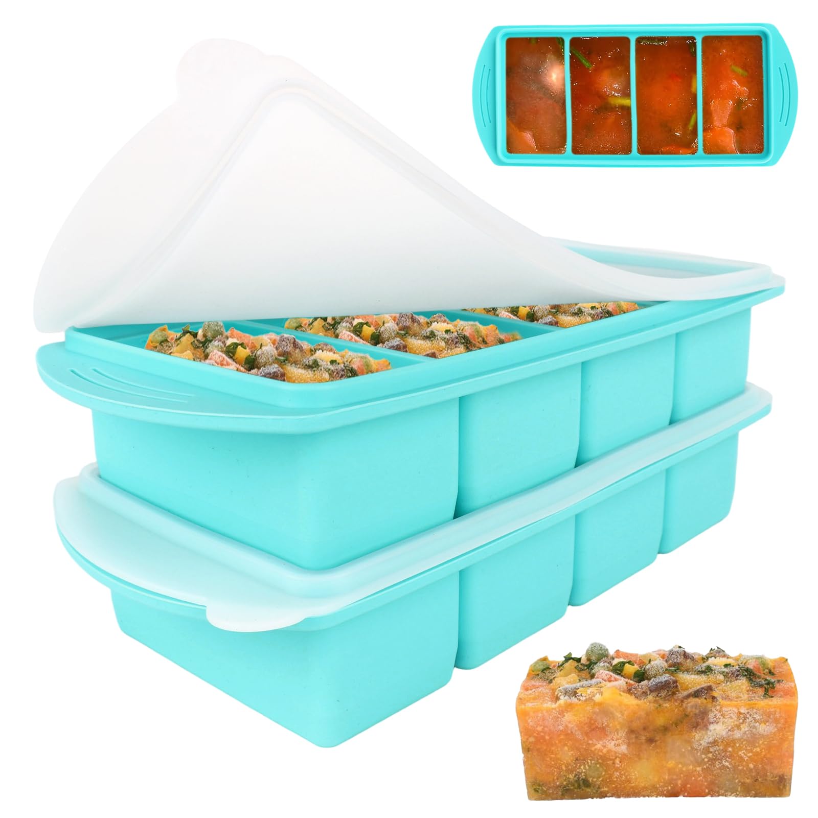 Lotvic 2 Pack Soup Cube Silicone Freezer Tray, 1000ML Freezer Containers with Lid, 4-Compartment, Makes 8 1-Cup Portions Cubes, Freezer Tray for Meal Prep, Soup, Sauce (2 Pack, Blue)