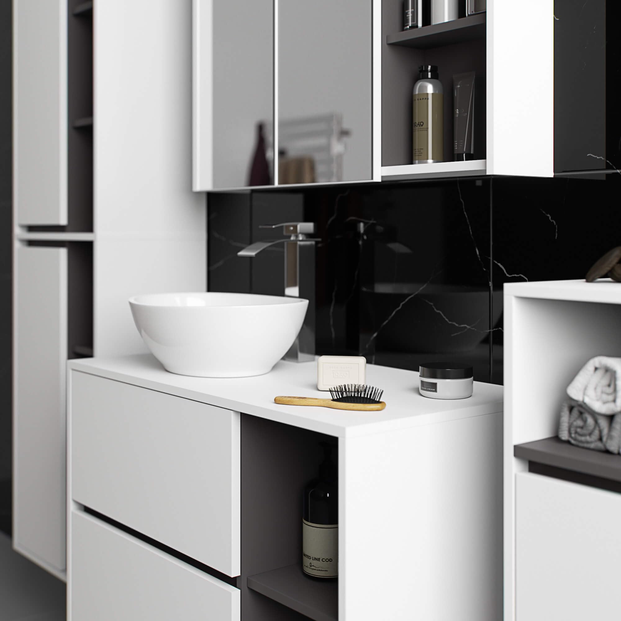 AKORD Badezimmer Komplett Set - Hängendes Badezimmermöbel-Set mit Spiegelschrank, Hängeschrank, Hochschrank & Unterschrank - Badmöbel - Weiß & Graphitgrau