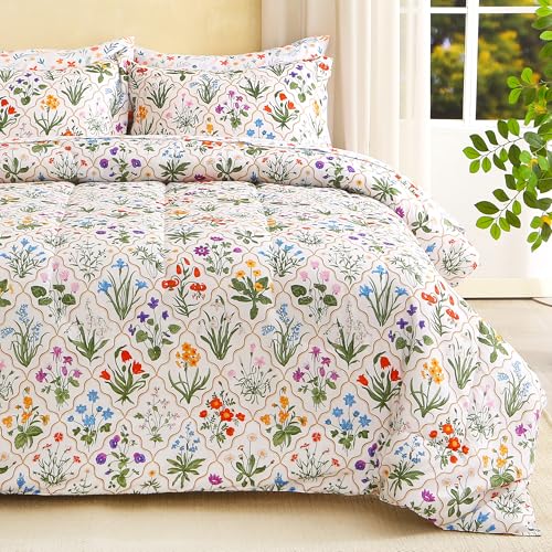 Image of lasoftan Floral Queen Comforter Set with Sheets, 7 piece Luxury Vintage Bedding, Soft Microfiber Bed in a Bag, Cozy Lightweight Bed Set, Green Patchwork Flower Leaf
