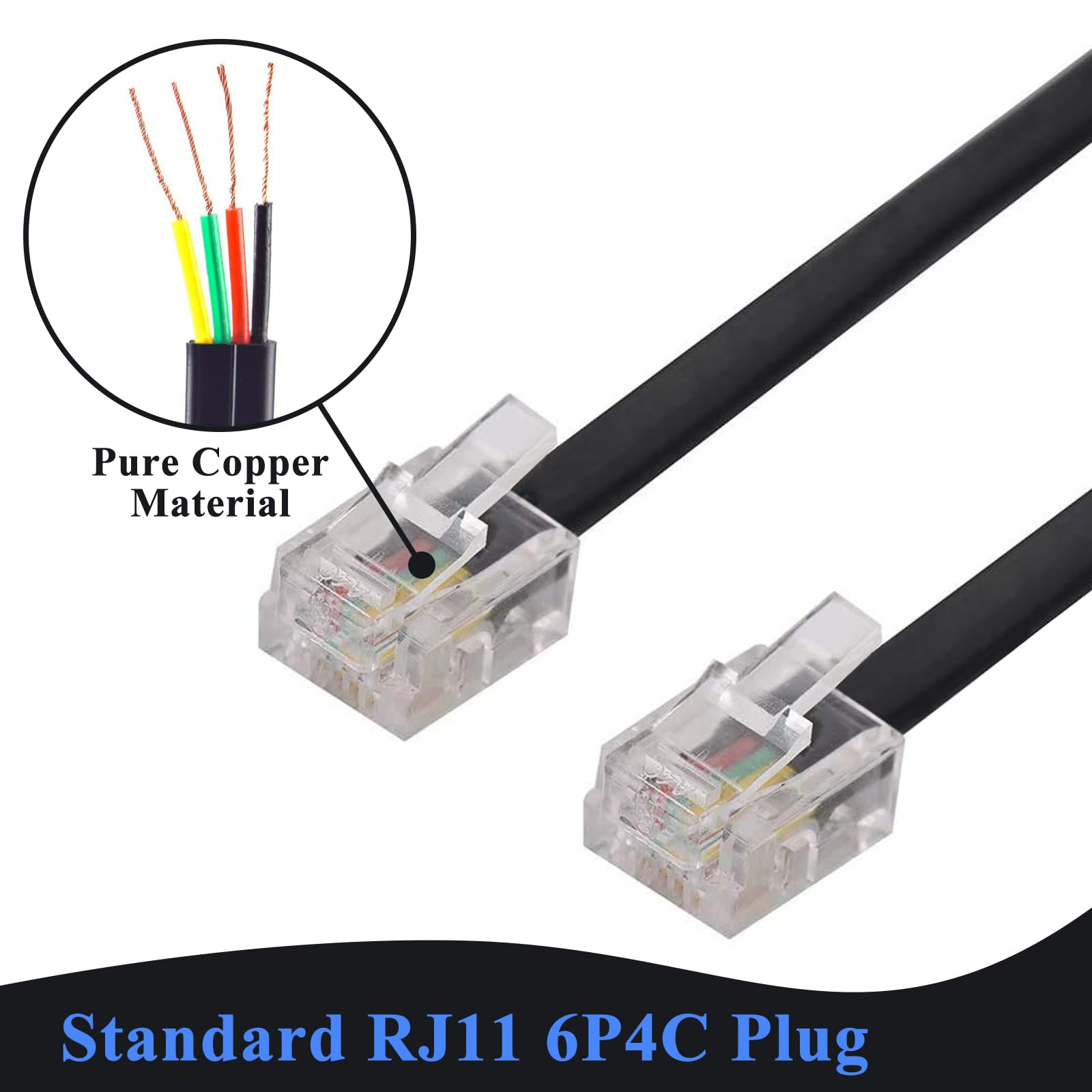 KINXIYU Phone Cord 6 FT, Landline Telephone Cable with RJ11 Plug, Includes Telephone Inline Coupler RJ11 Splitter and 10pcs Cable Clips(Blakc)