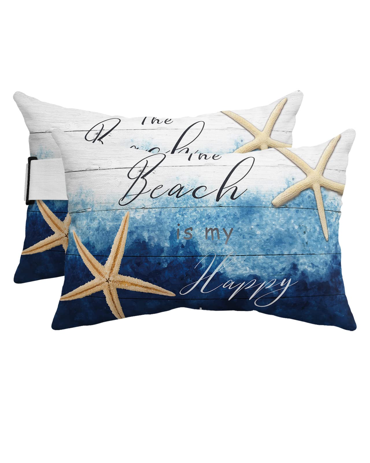 Pack of 2 Outdoor Pillow Covers Chaise Lounge Lumbar Pillow, Starfish The Beach is My Happy Place Blue Waterproof Throw Pillow Covers with Elastic Strap Soft Cushion Cases for Patio Garden,11