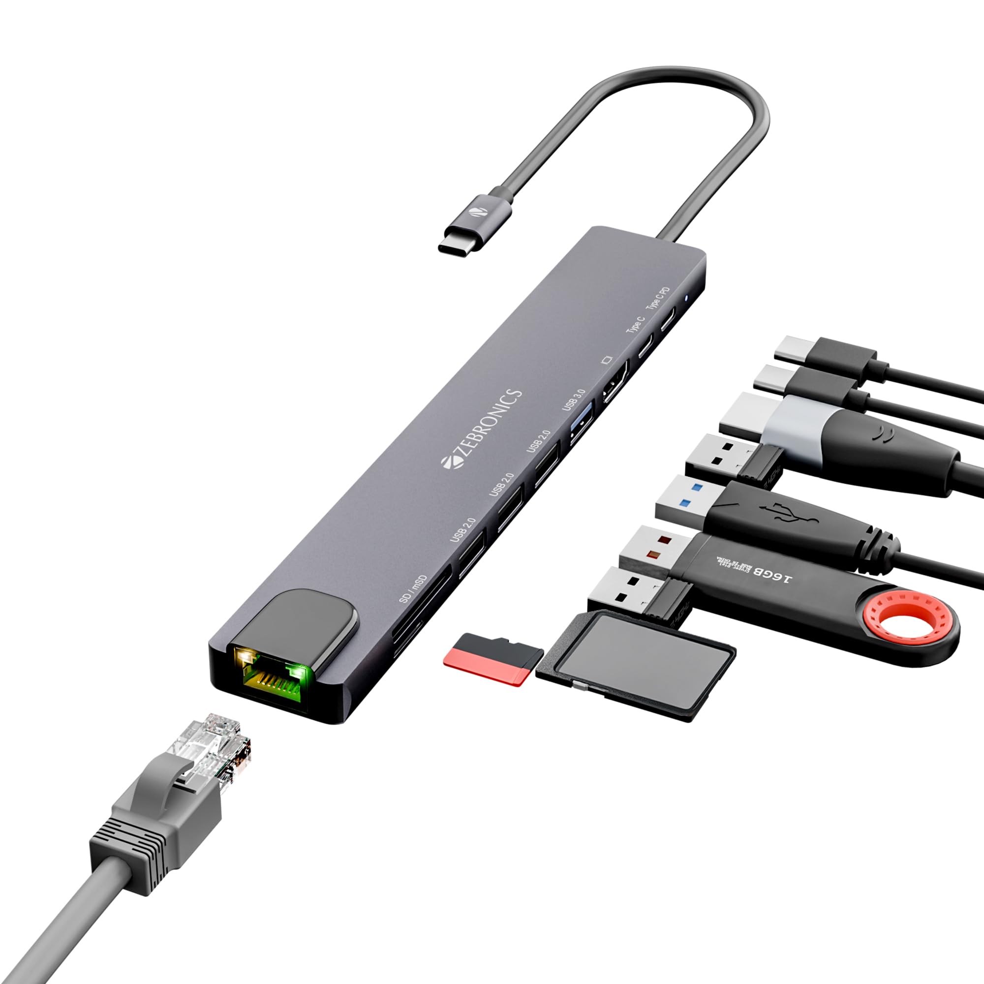 ZEBRONICS CT101, 10 in 1 Multiport HUB, 4K HDMI, 100 Watts PD Charging, USB 3.0, 2X Type C, 4X USB, SD, mSD, RJ45, Compact Metal Design, LED Indicator, Multi OS Compatible-image-10