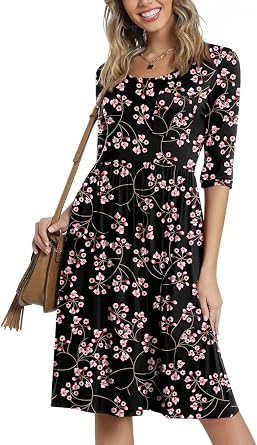 CATHY Womens 3/4 Sleeve 2026 Casual High Waist Round Neck Midi Dress with Pockets