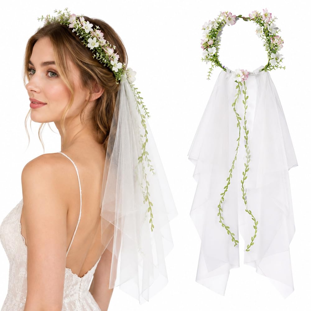Boho Flower Crown Veil for Bride and Hen Party (white)