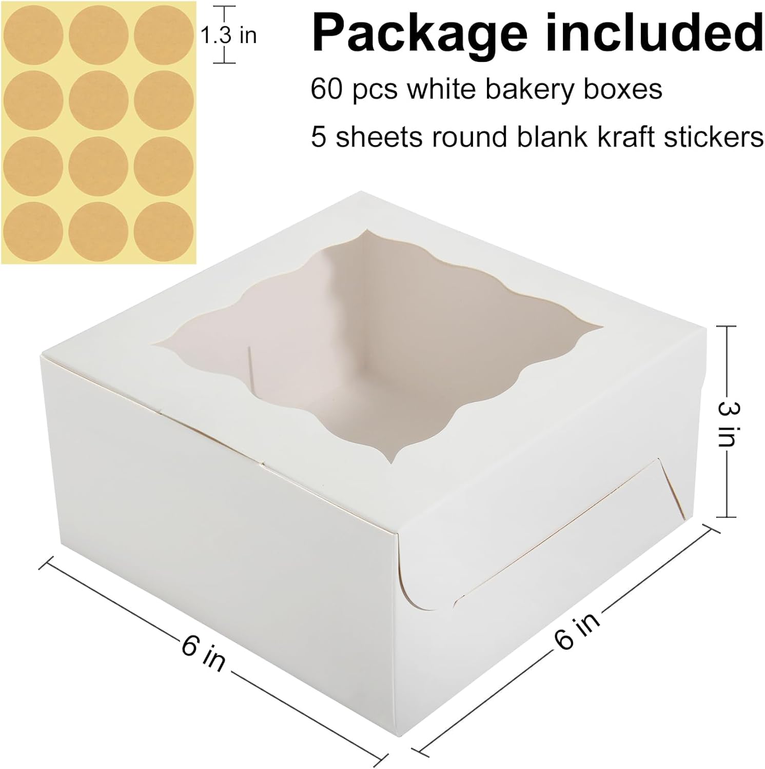 60 pcs bakery boxes with window, 6 x 6 x 3 inches, white cookie & pastry boxes for baked goods