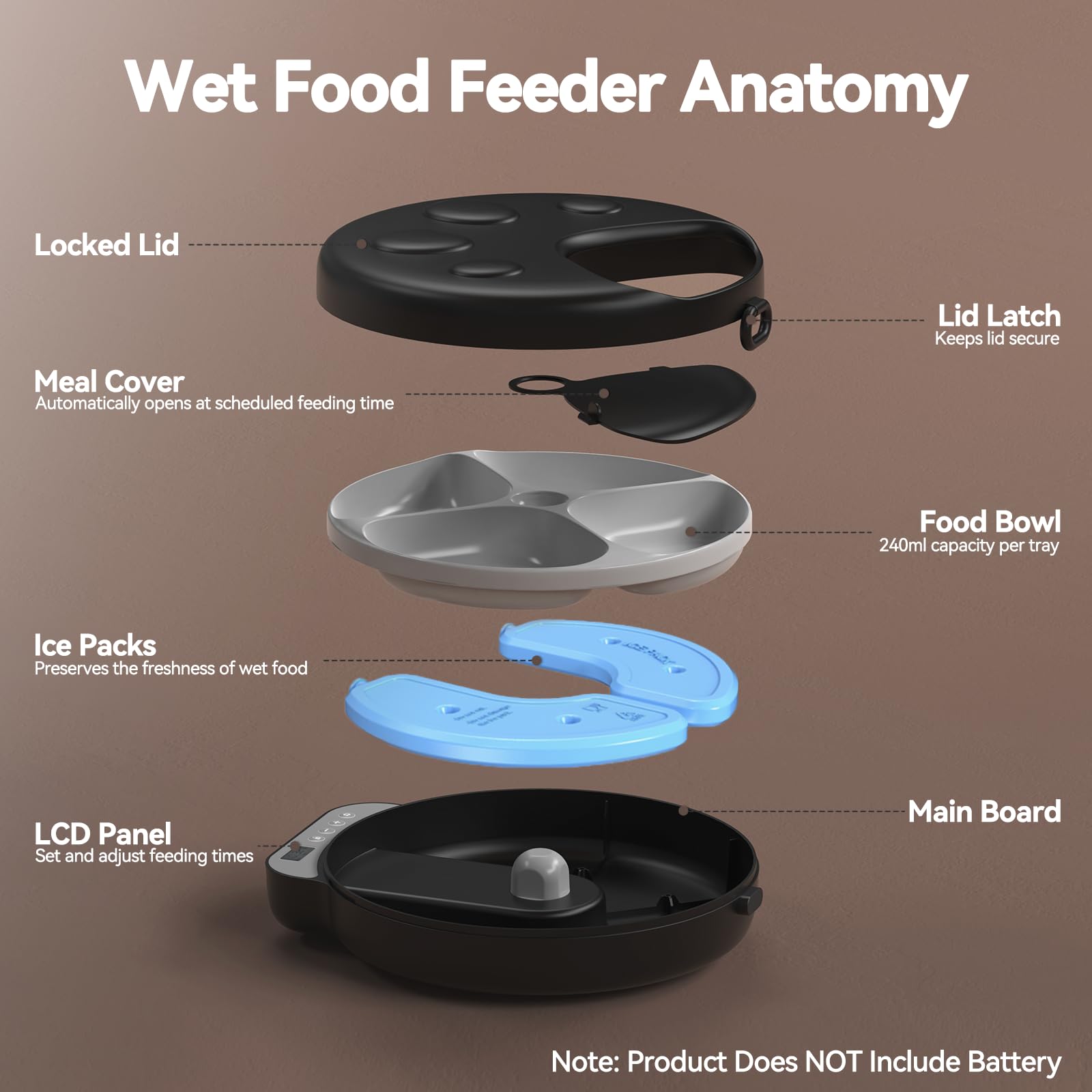 Alimentador automático de alimentos húmedos para gatos, dispensador inalámbrico de alimentos húmedos para mascotas con 4 paquetes de hielo, 4 comidas por día, contenedor refrigerado de alimentos