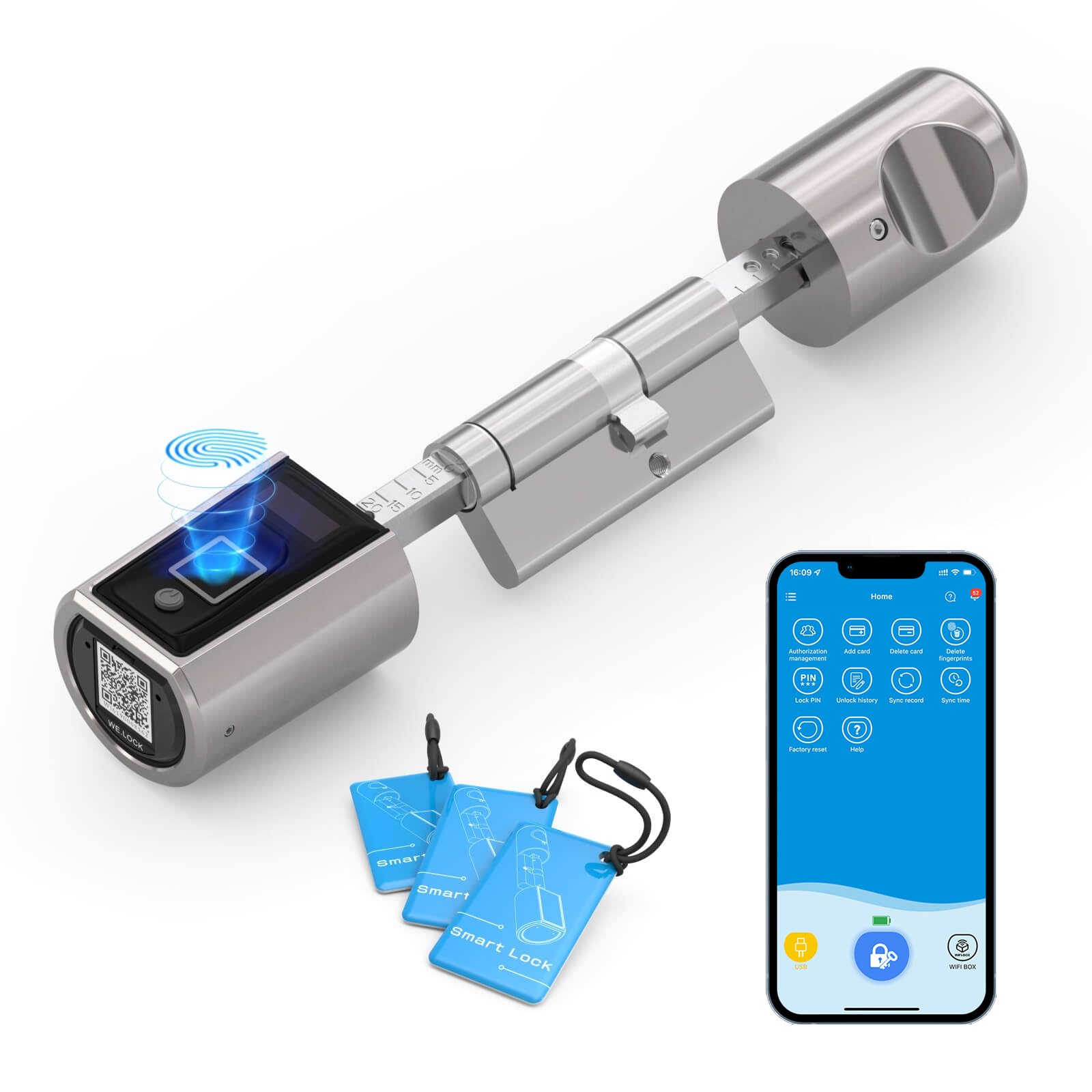 WE.LOCKFingerprint Smart Door Lock Keyless Entry with 3 RFID Cards, Bluetooth APP Unlock Adjustable Cylinder 5 Mins DIY Easy Installation for Gate Garage Door Smart Home