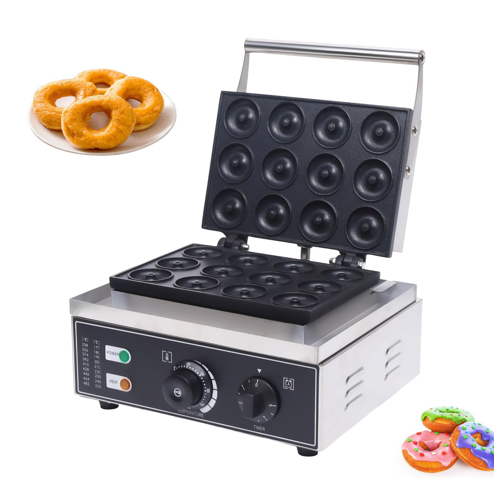 Electric Donut Maker, 12 Hole Double-Sided Heating Waffle Machine Makes, 1550W Commercial Non-stick Donut MakerTeflon-Coating for Restaurant & Home Use Temperature 122-572?