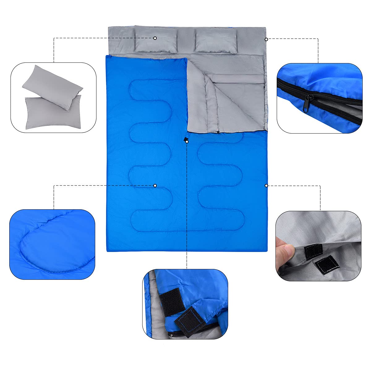 GYMAX Saco de Dormir Doble 2 en 1, Saco de Dormir Adulto con 2 Almohadas y Bolsa de Transporte, Saco Cama Campismo para 2 Personas, Ligero y Resistente al Agua de 0 °C a 15 °C