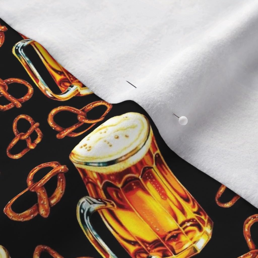 Spoonflower Fabric - Pretzel and Beer Stein Kitsch Retro Vintage Mug Beverage Small Scale Printed on Polartec(R) Fleece Fabric by The Yard - Sewing Blankets Loungewear and No-Sew