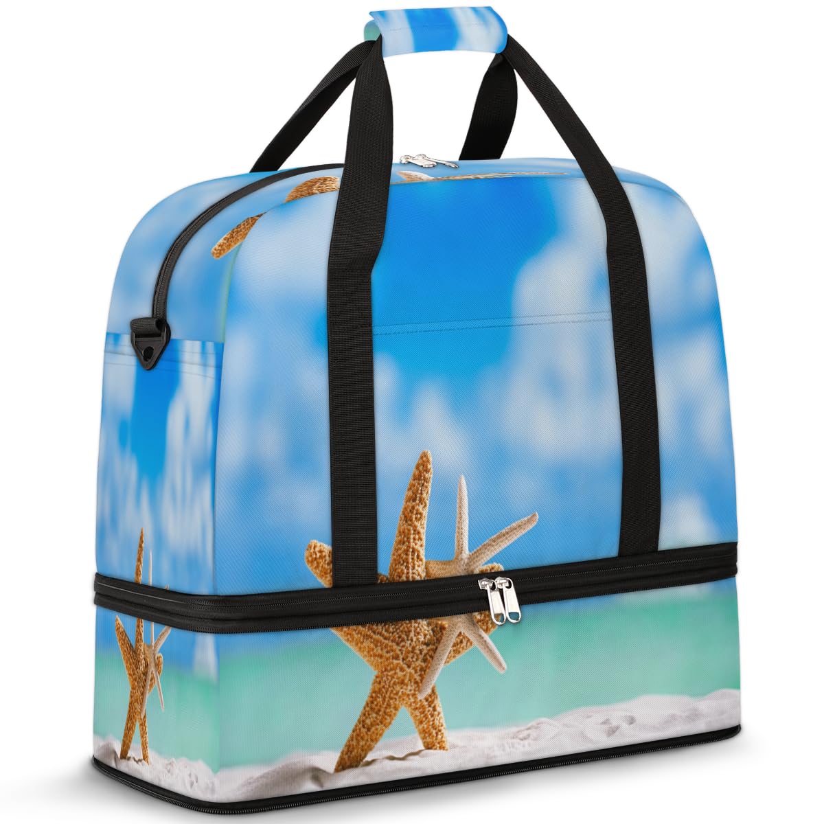 Ocean Beach Starfish - Bolsa de viaje plegable con diseño de estrella de mar de 47 litros, bolsa de fin de semana con funda para carrito de transporte, bolsa de hombro separada para deportes,