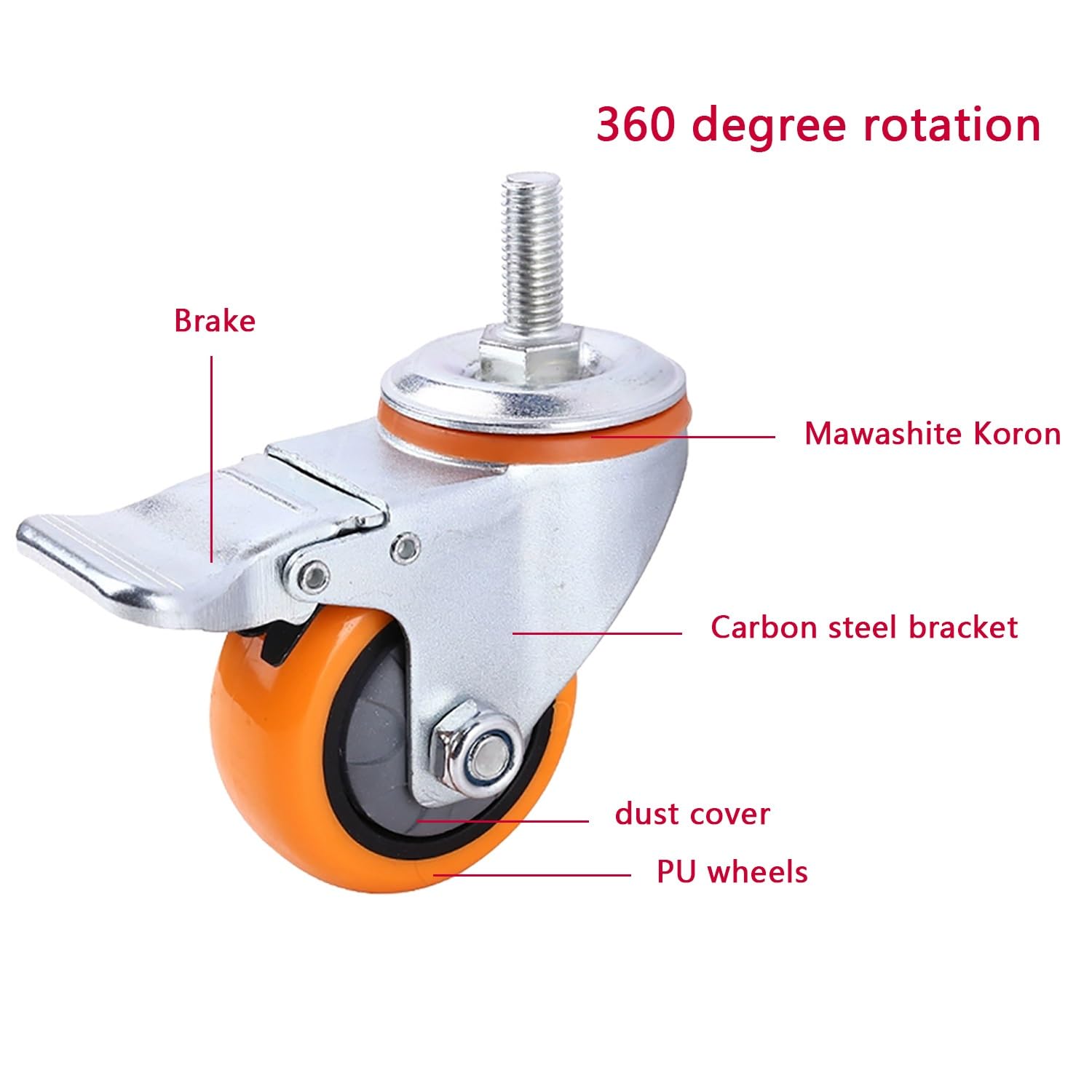 4 Pièces 75mm M12*30mm roulettes Filetées Pivotantes avec Frein, Roues en PU Silencieuses for Meubles, Capacité de Charge 300kg(2swivel+2with Brake,100mm)