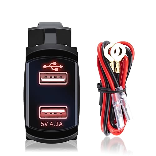 Interruptor basculante de 4.2 A, cargador USB dual, luz LED roja, cargador USB impermeable de 12 V-24 V, enchufe de carga rápida para coches,