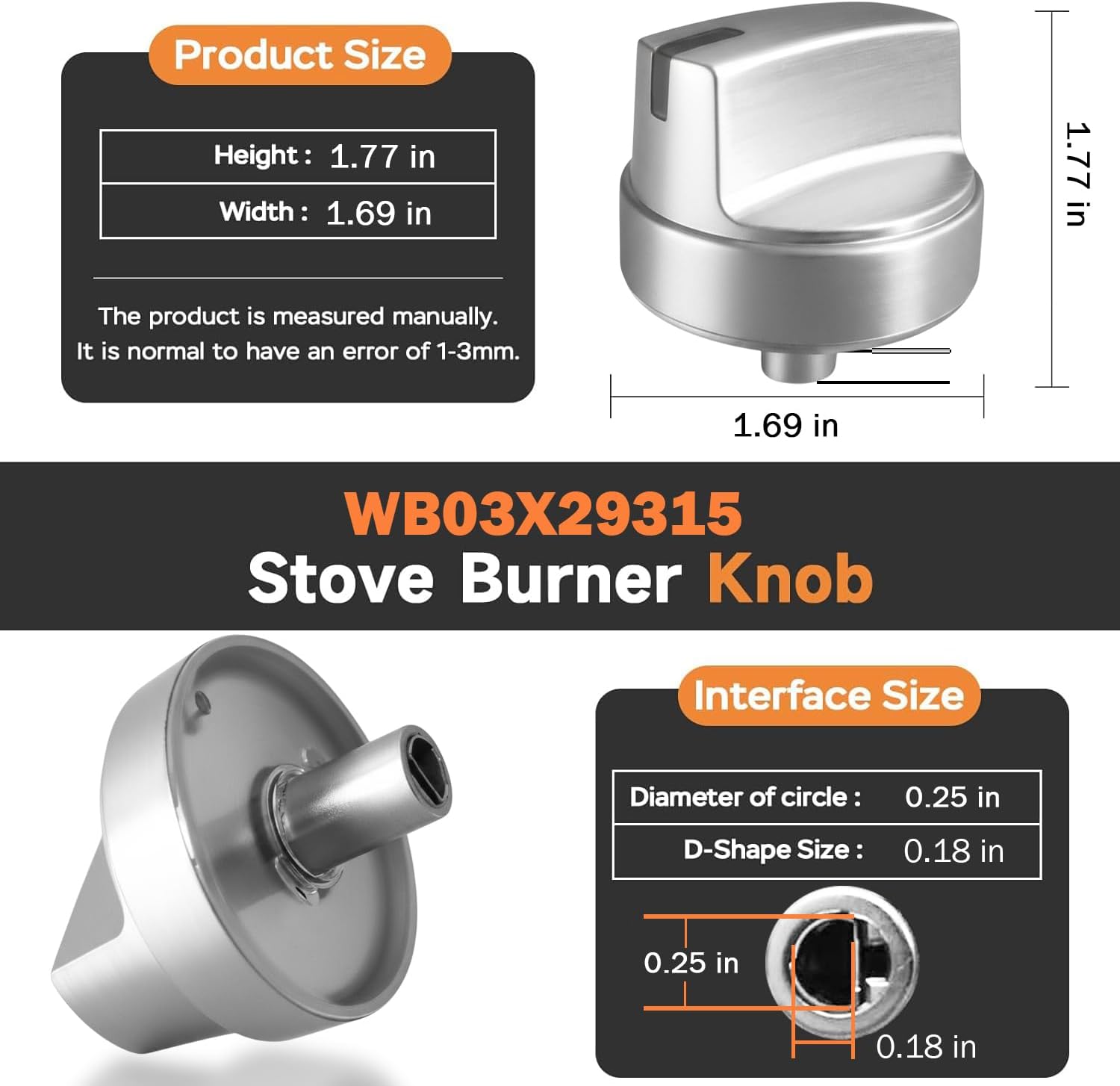 Upgraded (5Pcs) WB03X29315 for GE Gas Stove Knobs Replacements JGP5030SL1SS/ JGP5036SL1SS/ JP3030DJ3BB/ JP3036DL2BB / JP3530DJ3BB, Oven Range Burner Cooktop Control Knobs Replace Part