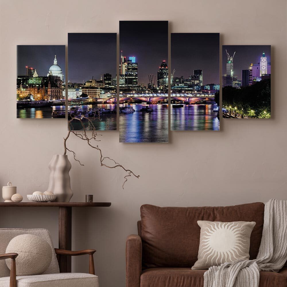 decomonkey Cuadro Lienzo Londres Ciudad Panorama Luces 100x50 cm 5 piezas
