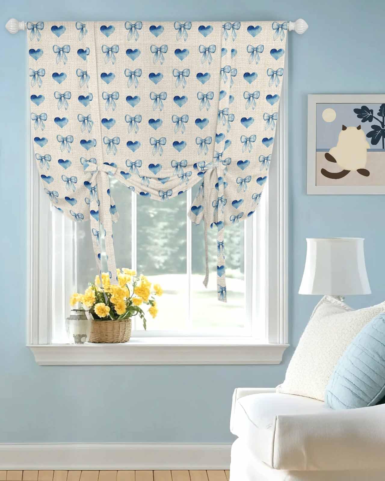 Tie Up Curtains for Windows Watercolor Blue Bow Rod Pocket Tie-Up Window Shade Adjustable Balloon Curtain Valance Retro Lovely Love on Linen for Bedroom Kitchen Bathroom Blinds,42x45in
