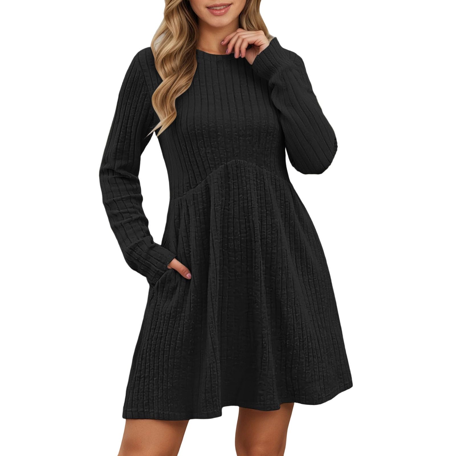 Cowl Neck Sweater for Women Long Sleeve Sweater Dress with Pockets Casual A-Line Knee Length Fall Knit Pullover