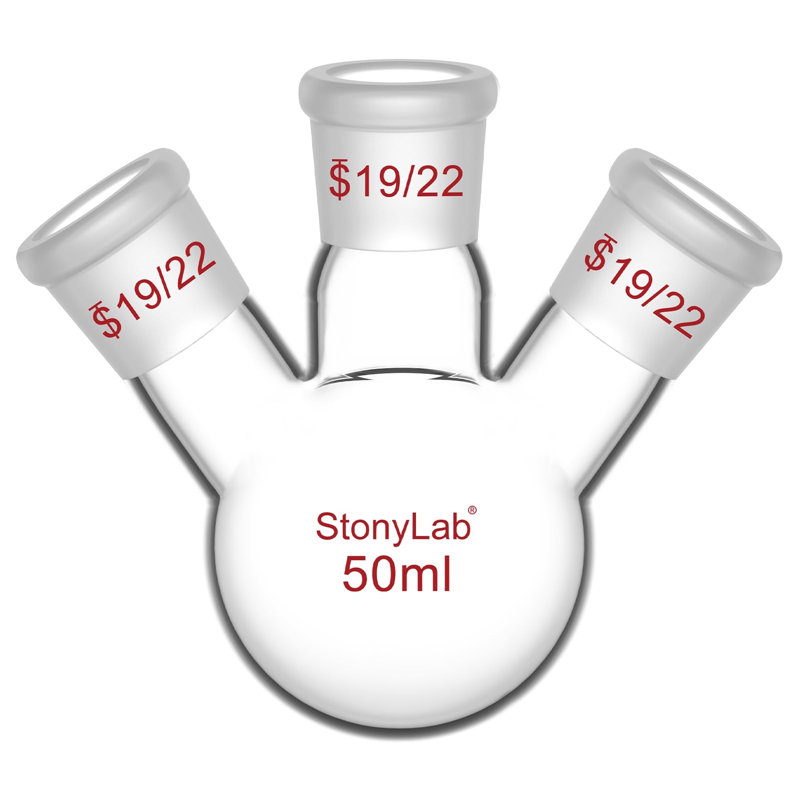 StonyLab 3-Cuello Matraz Redondo en borosilicato vidrio, con 19/22 Conjunta Externa Cónica Estándar de Centro/Lado, 3 Neck Round Bottom Flask (50 ml)