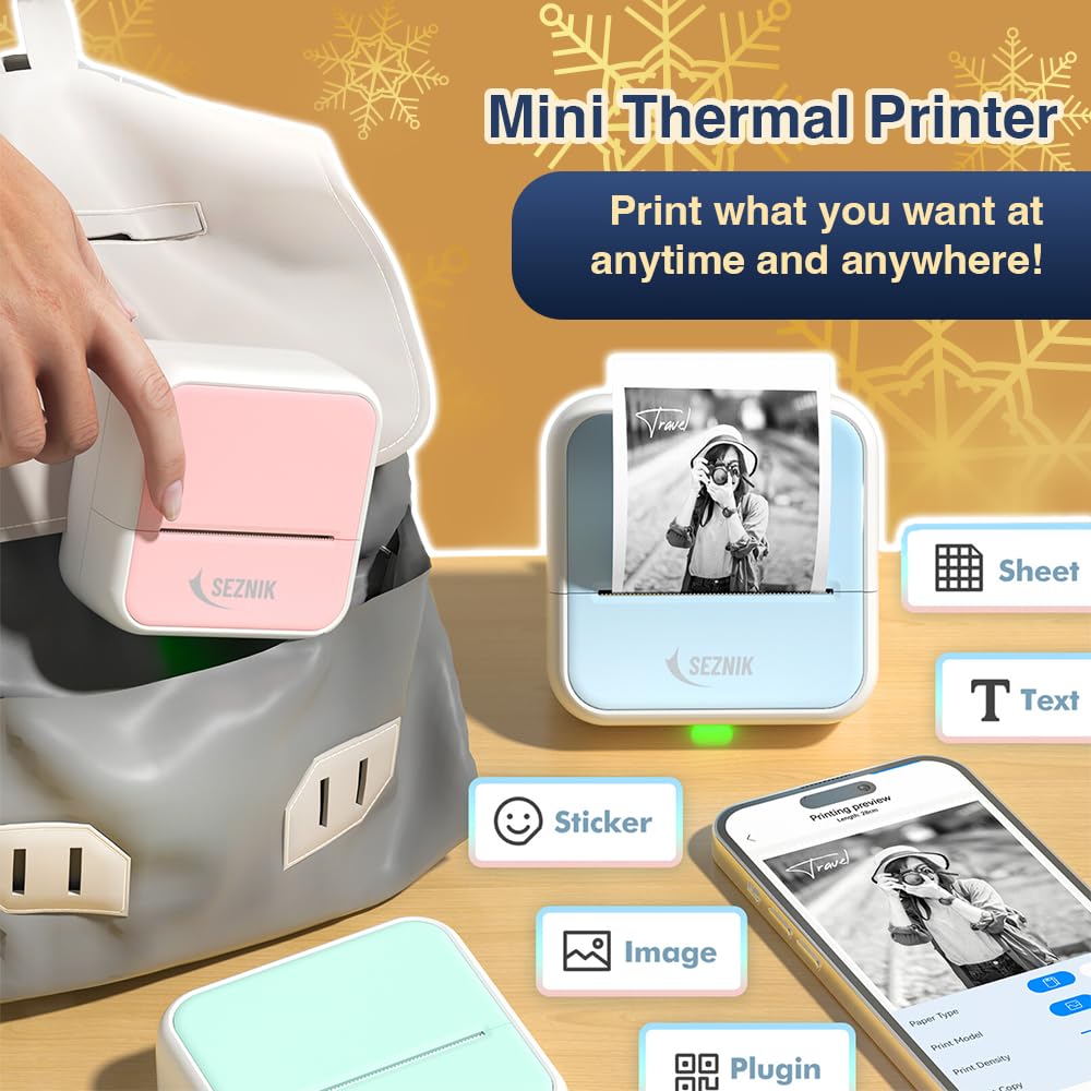 SEZNIK Mini Printer, Inkless, Bluetooth, Portable Printer, Compatible with Android, iOS Mobile. 1 Year Warranty (MiniX-Blue-Gift) 4