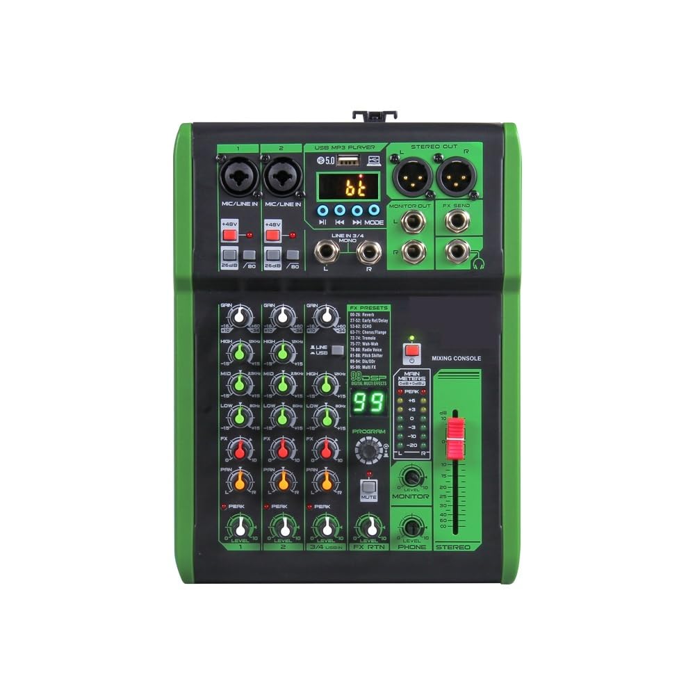 Controlador de DJ, Mezclador Consola DJ con 99 DSP Efecto Digital 48V Phantom Power USB MP3(8 Channels)