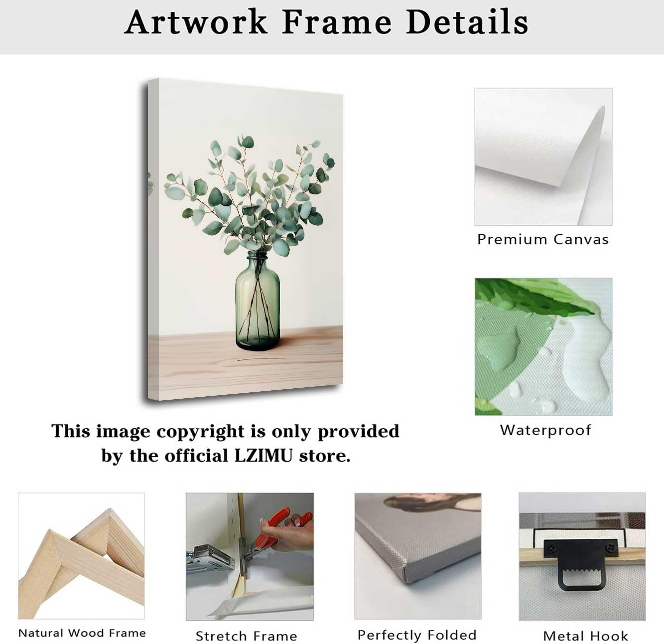 LZIMU Eucalyptus Flower Wall Art Bathroom Floral Picture Glass Vases Canvas Print Sage Green Leaves Poster Botanical Mason Jar Painting Rustic Kitchen Decor (Green, (18L x 12W))