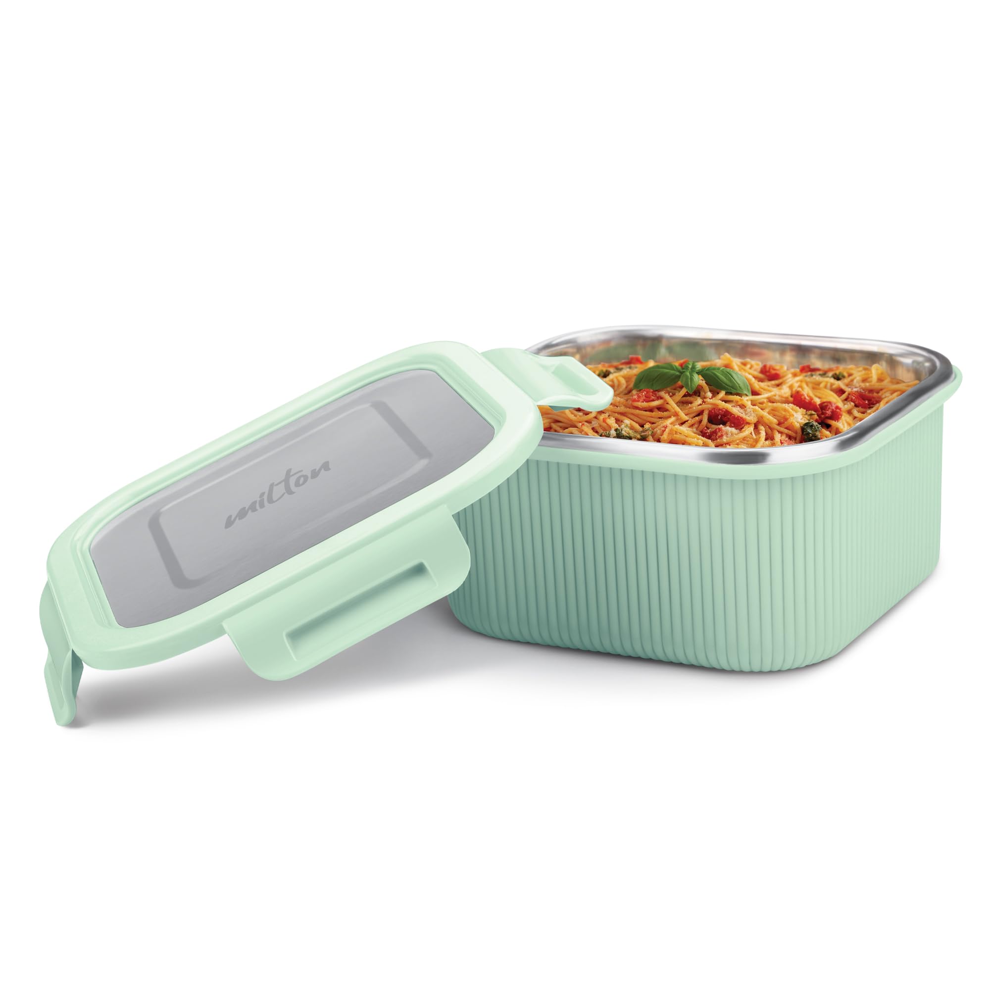 MILTON Cool Touch Square 800 Stainless Steel Container, 780 ml, Aqua Green | Microwave Safe | Food Grade | BPA Free | Refrigerator Safe