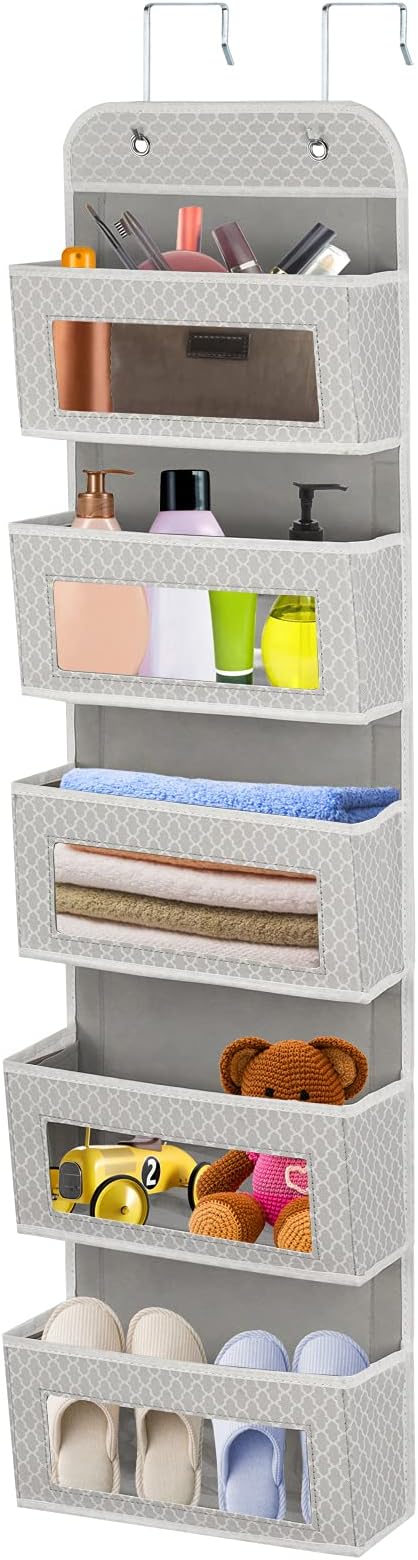 Over The Door Organizer Hanging Storage Bag with 5 Clear Window Pocket Organiser Closet Wardrobe Storage Organizer for Clothes, Lingerie, Toys, Cosmetics, Toiletries, Handbags and More Accessories